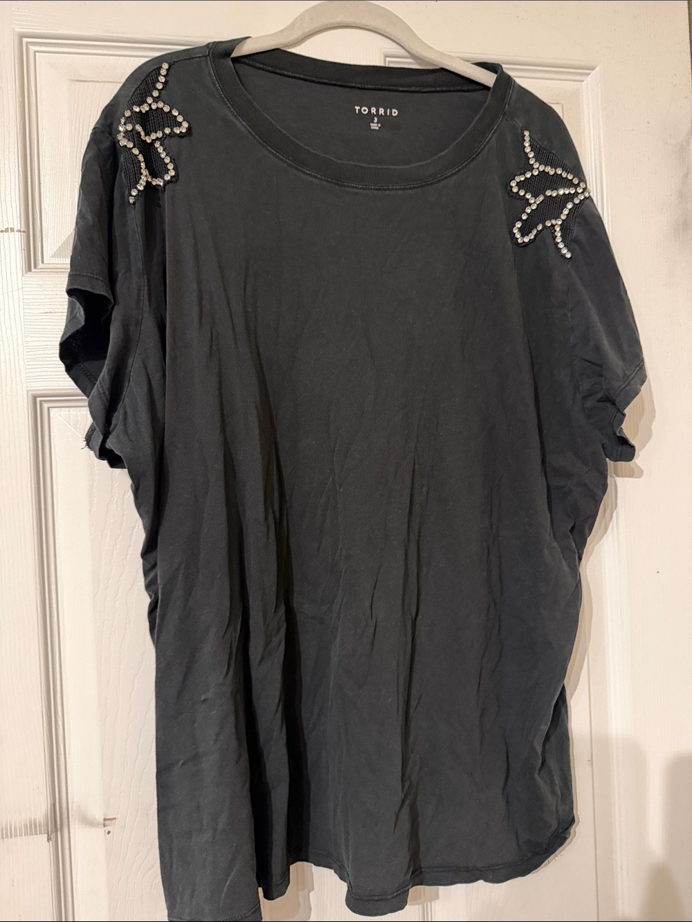torrid Black Short Sleeve Tee with Shoulder Rhinestone Accents